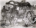 A captured Mrs 99 barrel on its transport wagon.