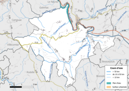 Carte en couleur présentant le réseau hydrographique de la commune