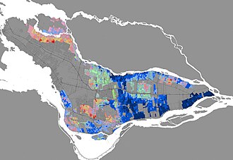 Carte de l'île de Montréal indiquant la langue maternelle selon les secteurs.