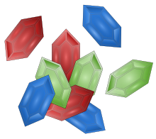 Image représentant la monnaie du jeu en forme de pierres précieuses de différentes couleurs, rouge, vert ou bleu.