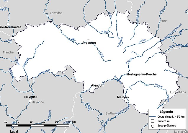 Carte des cours d'eau de longueur supérieure à 50 km de l'Orne.