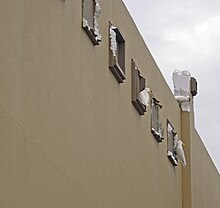 a number of white cockatoos are biting parts of the building wall, leaving chunks of polystyrene missing.