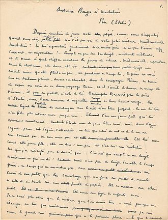 La page (numérotée 1.) de papier jauni porte 26 lignes serrées, légèrement descendantes, rédigées à l’encre noire. De nombreuses ratures émaillent le texte dense dont l’écriture droite, non penchée, ne lie pas toujours entre elles les lettres des mots.