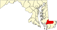 Map of Maryland, showing Wicomico County in red in lower right corner