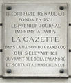 Plaque commémorative apposée au 8, quai du Marché-Neuf, rappelant que Théophraste Renaudot édita sa Gazette dans une maison située à cet emplacement.