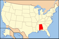 Bản đồ Hoa Kỳ có ghi chú đậm tiểu bang Alabama