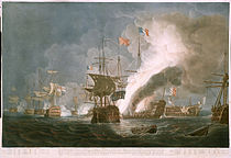 L’Orient en flammes avec au premier plan, le Bellerophon ou le Majestic démâté et à la dérive après son combat contre le vaisseau français. Tableau de Thomas Whitcombe, 1799.