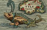 Detalj fra Olaus Magnus' «Carta Marina» fra 1539 der karttegneren framstiller en hval (balena på latin) som blir angrepet av spekkhoggere (orca) i de nordlige havdypene ved sagnøya Thule (Tile).