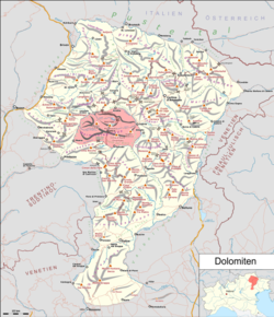 A Marmolada-hegység a Dolomitok térképén