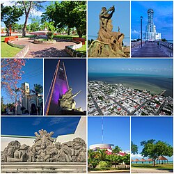 From the top to the left: Parque de los Caimanes, Monumento al Renacimiento, Faro, Catedral, Torre del Reloj y Monumento militar, Vista aérea, Alegoría del mestizaje, Congreso de Quintana Roo and Dos Mulas beach