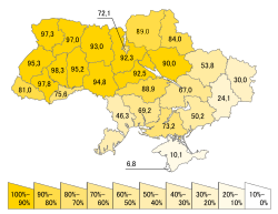 Percentage of people in Ukrainian regions who speak Ukrainian as their native language (for 2001)