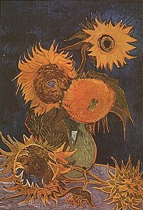 Jarrón con cinco girasoles (F459, JH1560), óleo, 98 x 69 cm, Arlés, agosto de 1888. Destruido por el fuego en la Segunda Guerra Mundial el 6 de agosto de 1945.