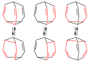 Die drei Cope-Systeme (rot) eines Bullvalen-Moleküls, mit den jeweiligen Valenzisomeren der intramolekularen Cope-Umlagerung