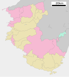 Mapa konturowa prefektury Wakayama, po lewej nieco u góry znajduje się punkt z opisem „Yuasa”