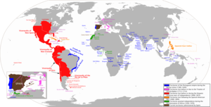 Diakronia mapo kiu montras la areojn kiuj apartenis al la Hispana Imperio ie ajn ene de periodo de 400 jaroj