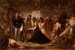 Jan Matejko: Polonia, 1864. Zajatci čekají na deportaci na Sibiř, ruský důstojník dohlíží na kováře, který nasazuje Polonii okovy.