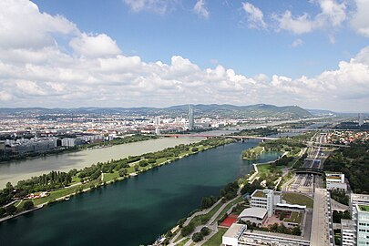 The New Danube in the front, the main Danube in the back, with the Donauinsel in-between.