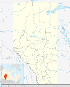 Mapa konturowa Alberty, na dole znajduje się punkt z opisem „Canmore”