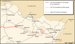 Carte schématique de la seconde phase de la LGV Est.