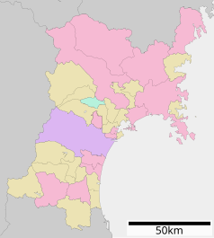 Mapa konturowa Miyagi, w centrum znajduje się punkt z opisem „Taiwa”