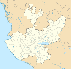 Mapa konturowa Jalisco, w centrum znajduje się punkt z opisem „Zapopan”