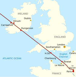 Simplified map of northwestern France, the United Kingdom and Ireland, showing a line indicating the direction of flight from Paris, northwest across southwestern England and then Ireland.