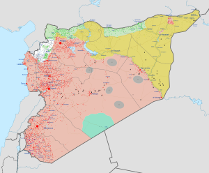 Положение сторон на ноябрь 2023 г.      Контролируются правительственными силами      Контролируются курдскими силами (СДС)      Совместный контроль правительственных сил и курдских сил (СДС)      Контролируются «Исламским государством»      Контролируются «Хайят Тахрир аш-Шамом»      Контролируются Временным правительством Сирии (СНА) и турецкими вооруженными силами      Контролируются «Армией коммандос революции» и США      Контролируются оппозиционными силами и в процессе примирения