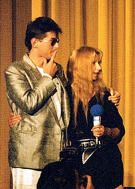 Falco en actrice Ursela Monn bij de filmpremière van Geld oder Leber! in Essen, 1986