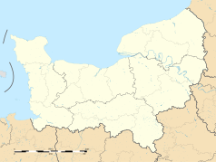 Mapa konturowa Normandii, blisko centrum na dole znajduje się punkt z opisem „Landigou”