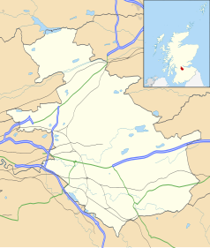 Mapa konturowa North Lanarkshire, na dole nieco na lewo znajduje się punkt z opisem „Bellshill”