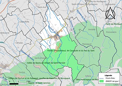 Carte des ZNIEFF de type 1 sur la commune.