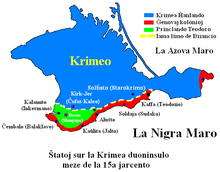 Ŝtataj strukturoj sur la Krimea duoninsulo meze de la 15a jarcento, la princlando Teodoro montrita verde