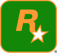 A capital "R" in gold with a five-pointed, white star with a gold outline appended to its lower-right end. They lay on a dark-green square with a gold outline and rounded corners.