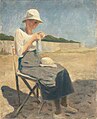 Étienne Buffet, Portrait de Miette, faisant du crochet, assise sur un pliant sur la plage. Mur du Port-Louis dans le fond, 1919. (41 × 33 cm)