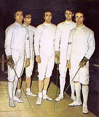 L'équipe de France olympique de fleuret en 1972 (Talvard, Magnan, Noël, Daniel Revenu et Berolatti).