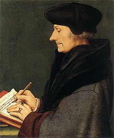 O humanista y teologo neerlandés Erasmo de Rotterdam, en un cuadro de Hans Holbein o Choven.