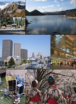 From top left: Tanzawa mountains, USARJ Sagami General Depot, Lake Sagami, Hashimoto District, Odakyu Sagami-Ōno Station, JAXA Sagamihara Campus, Sakura Festival