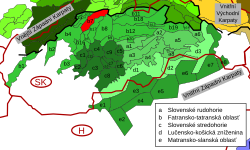 Malá Fatra (červeně) v rámci Západních Karpat