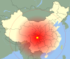 Peta lokasi pusat gempa bumi Sichuan serta kawasan yang terlibat