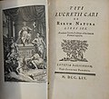 Frontispício e página de título para De Rerum Natura por Titus Lucretius Carus (1754