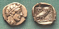 Image 19Early Athenian coin, depicting the head of Athena on the obverse and her owl on the reverse – 5th century BC. (from Ancient Greece)