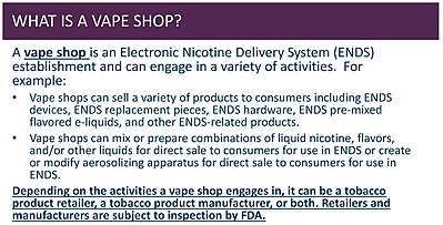 The FDA explains what a vape shop is, among other information.