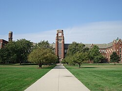 The clocktower of Lane Technical College Prep High School, located in the western part of the neighborhood.