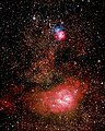 Lagoon and Trifid Nebulae in a montage of two single 30-minute exposures captured on slide film at prime focus of an 8" Schmidt–Newton telescope. The telescope was manually guided during exposure with an 80mm / 910mm f.l. refractor guide scope