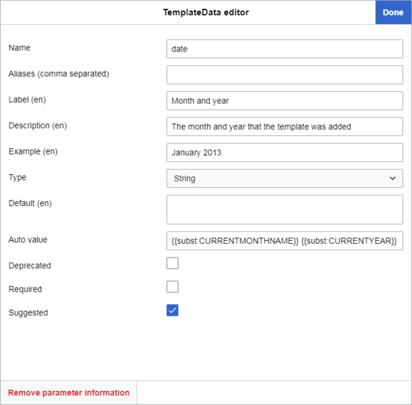 Screenshot of the template data editor, showing a second parameter being added