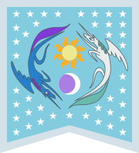 A light blue flag depicting two winged unicorns, one dark blue and the other white, flying around the sun and moon. A field of stars surrounds them.