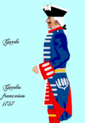 Régiment des Gardes Françaises en 1757 (Habit bleu, parements rouges garnis d'éléments blancs)