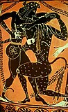 תסאוס והמינוטאור, ציור על כד בסגנון הדמות השחורה (אנ') מן המאה ה-6 לפנה"ס