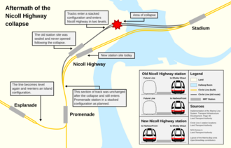 A map depicting the former tunnel alignment (in grey) and the new alignment (in orange), with the relocated station site south of its original site