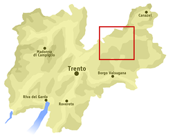 A Fiemme-völgy helyzete Trento megye (Trentino) térképén